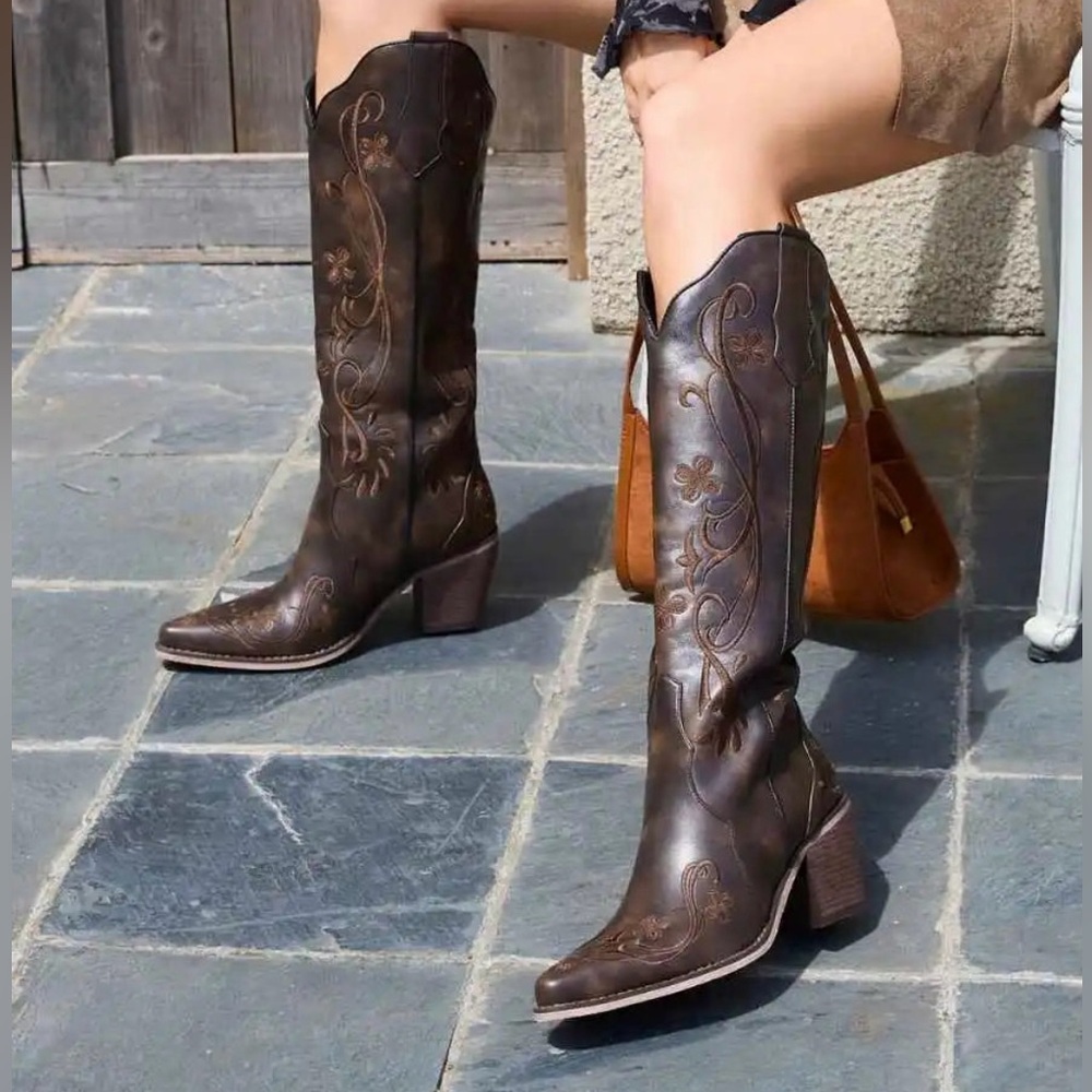 Chic Embroidered Brown Heeled Boots